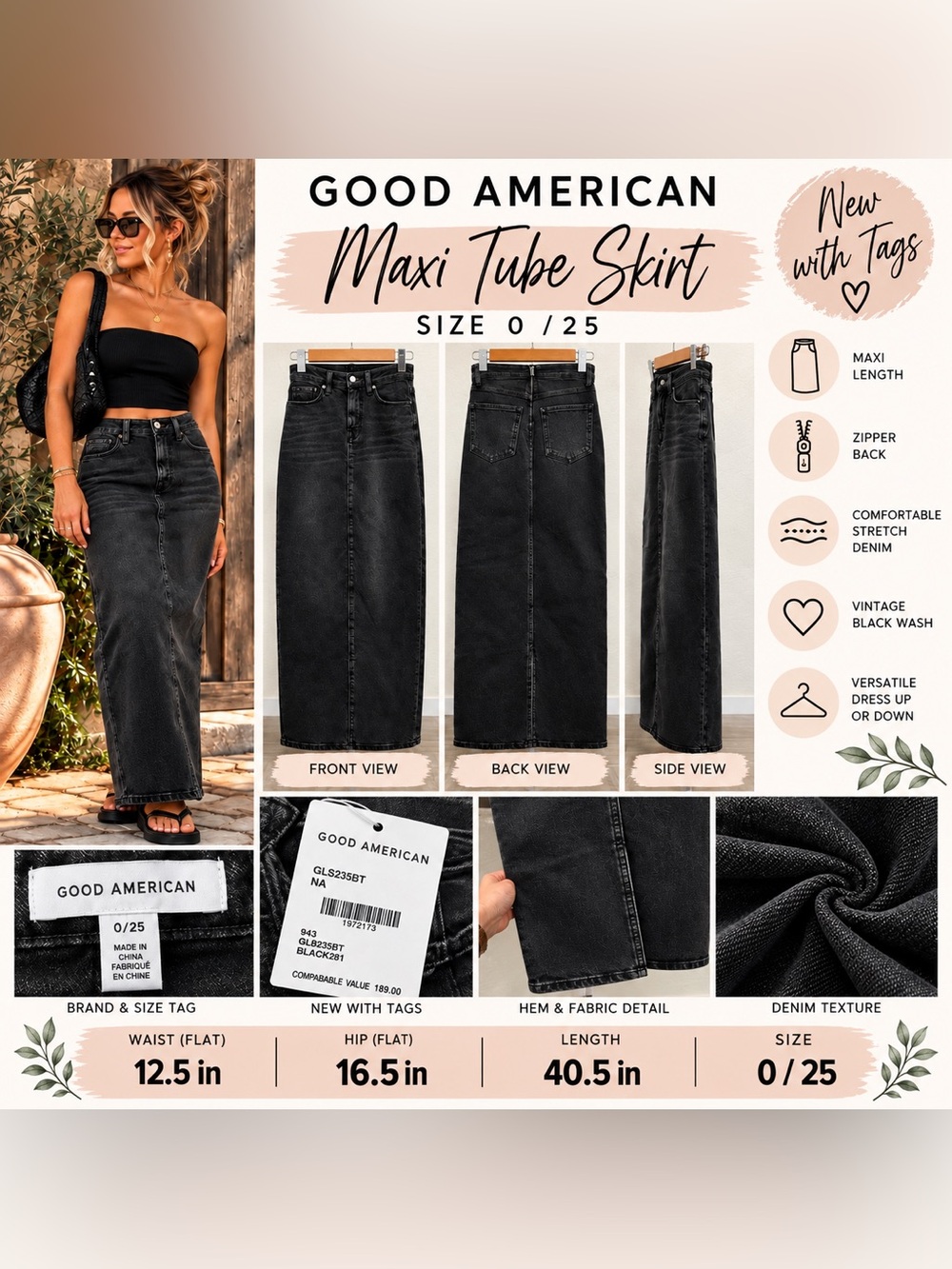 Good American Black Maxi Tube Skirt, 0/25 NWT